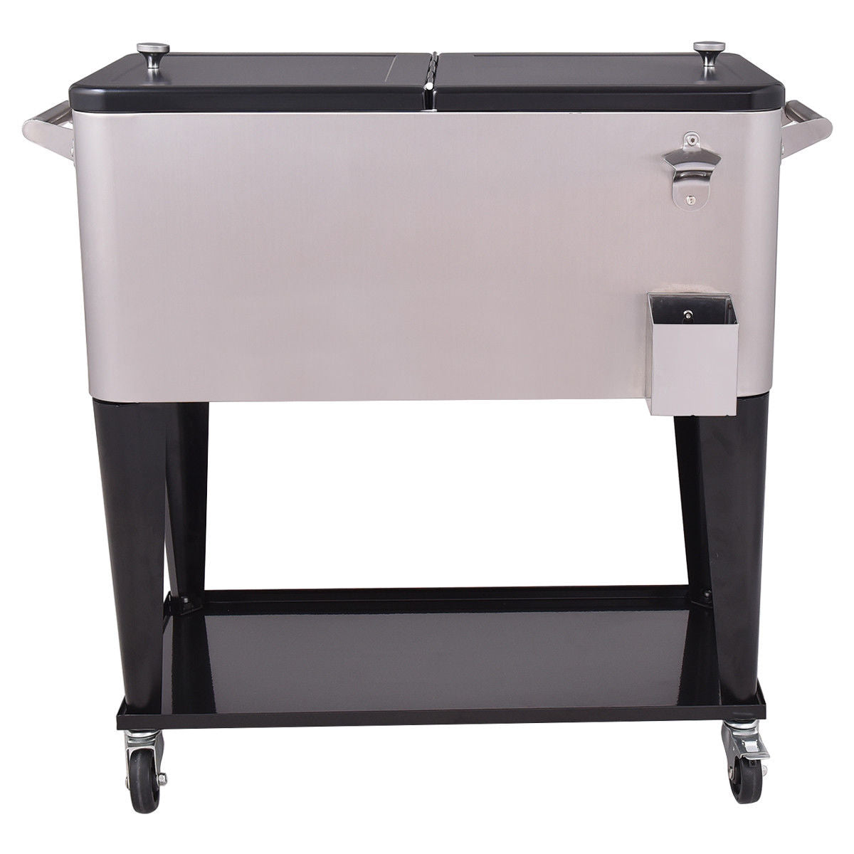80 Quart Patio Rolling Stainless Steel Ice Beverage Cooler with casters and dual lids for long-lasting cooling performance.