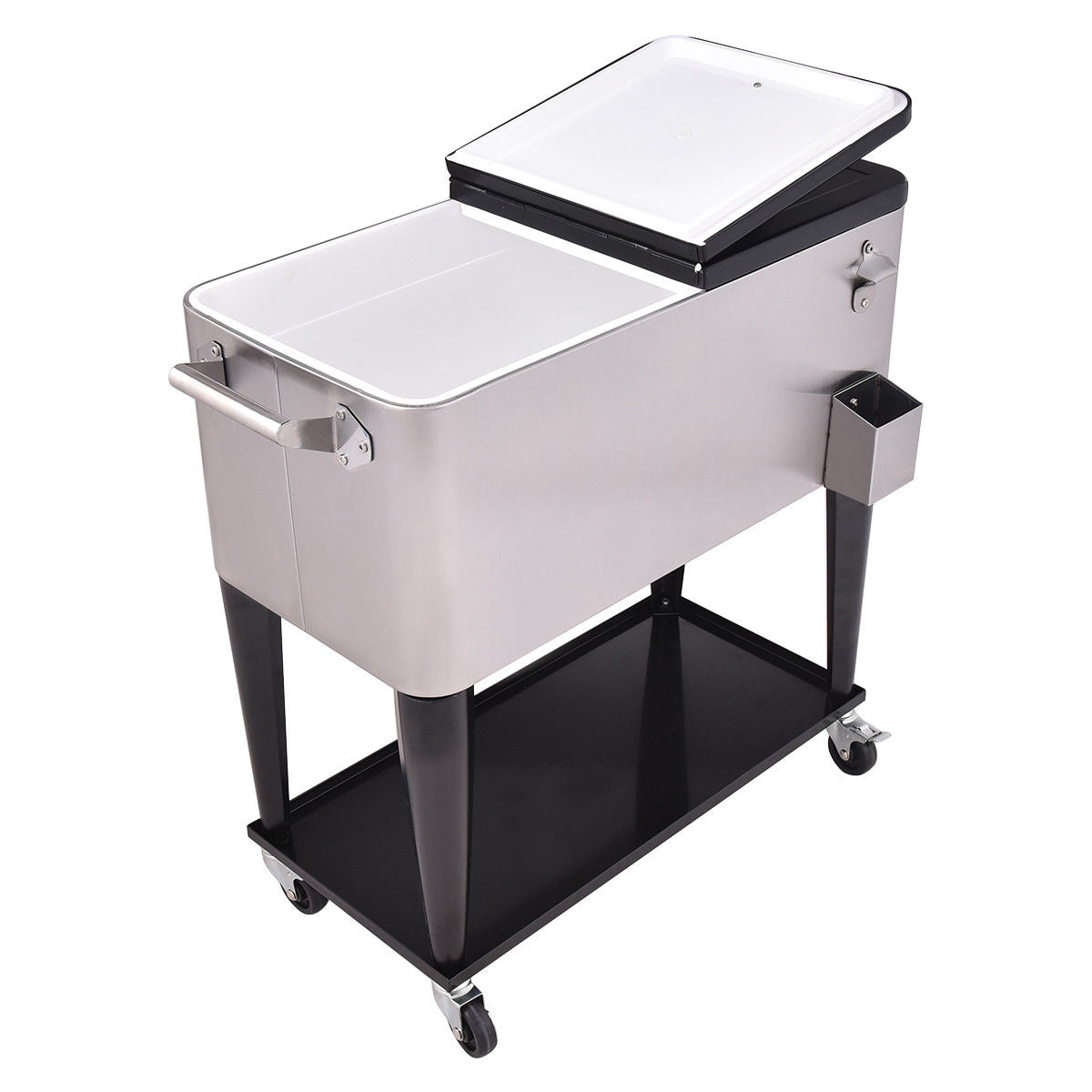 80 Quart Patio Rolling Stainless Steel Ice Beverage Cooler with open lid on casters