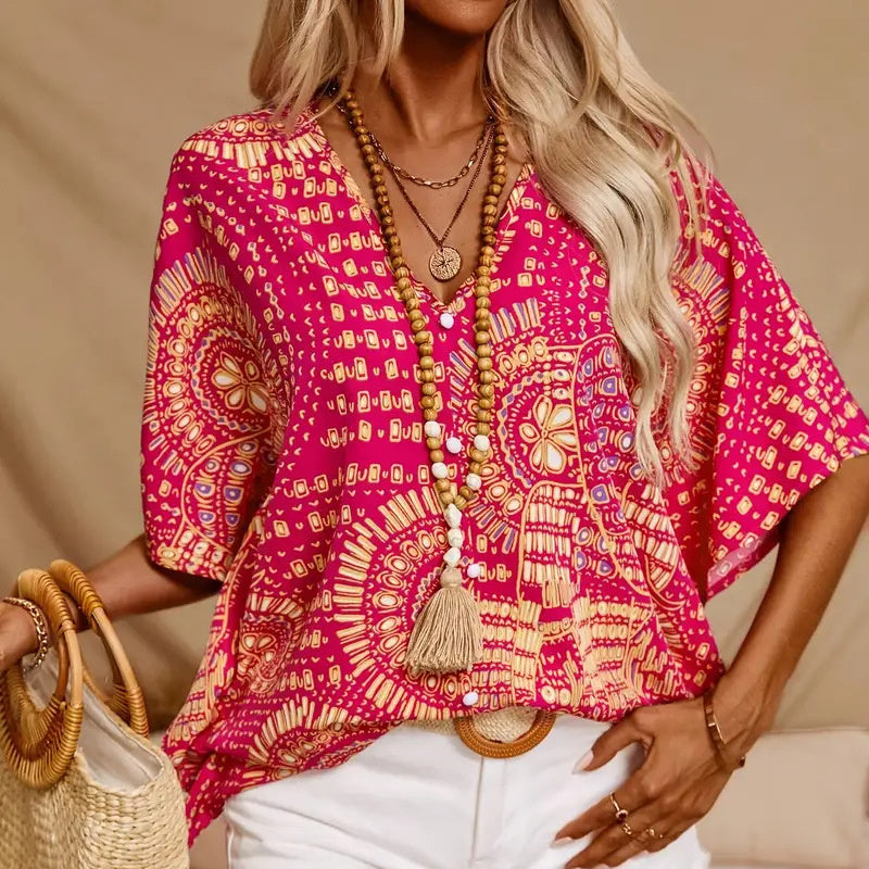 Mandala Print V-Neck Blouse – Casual Vacation Top
