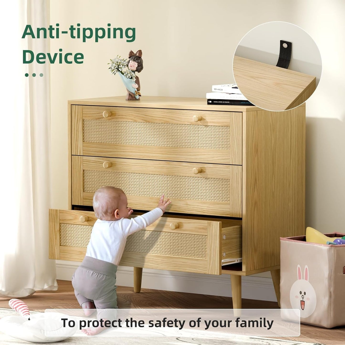Space-Saving 3-Drawer Rattan Dresser For Bedroom Storage with anti-tipping device, featuring durable MDF frame and chic rattan finish.