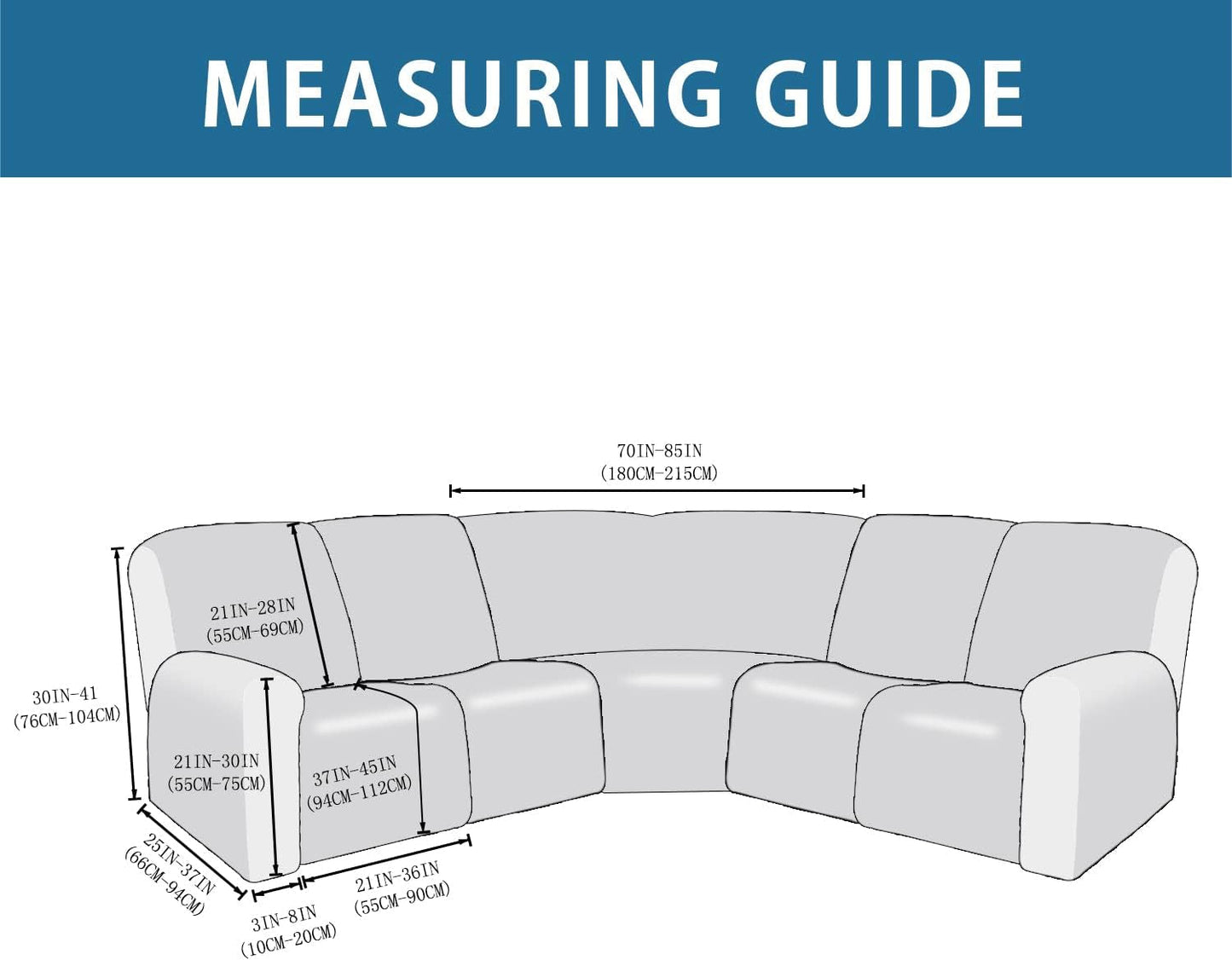 Measuring guide for Velvet Seven Piece Sectional Recliner Sofa Cover Deep Teal