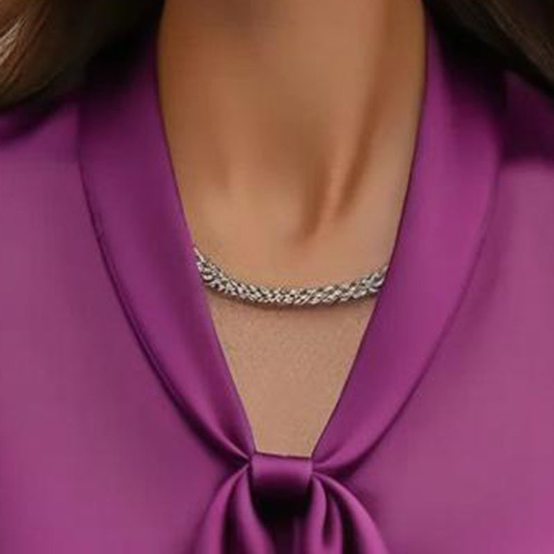 Elegant Satin Ribbon Blouse — Long Sleeve Button-Down Work Shirt with ribbon detail on collar