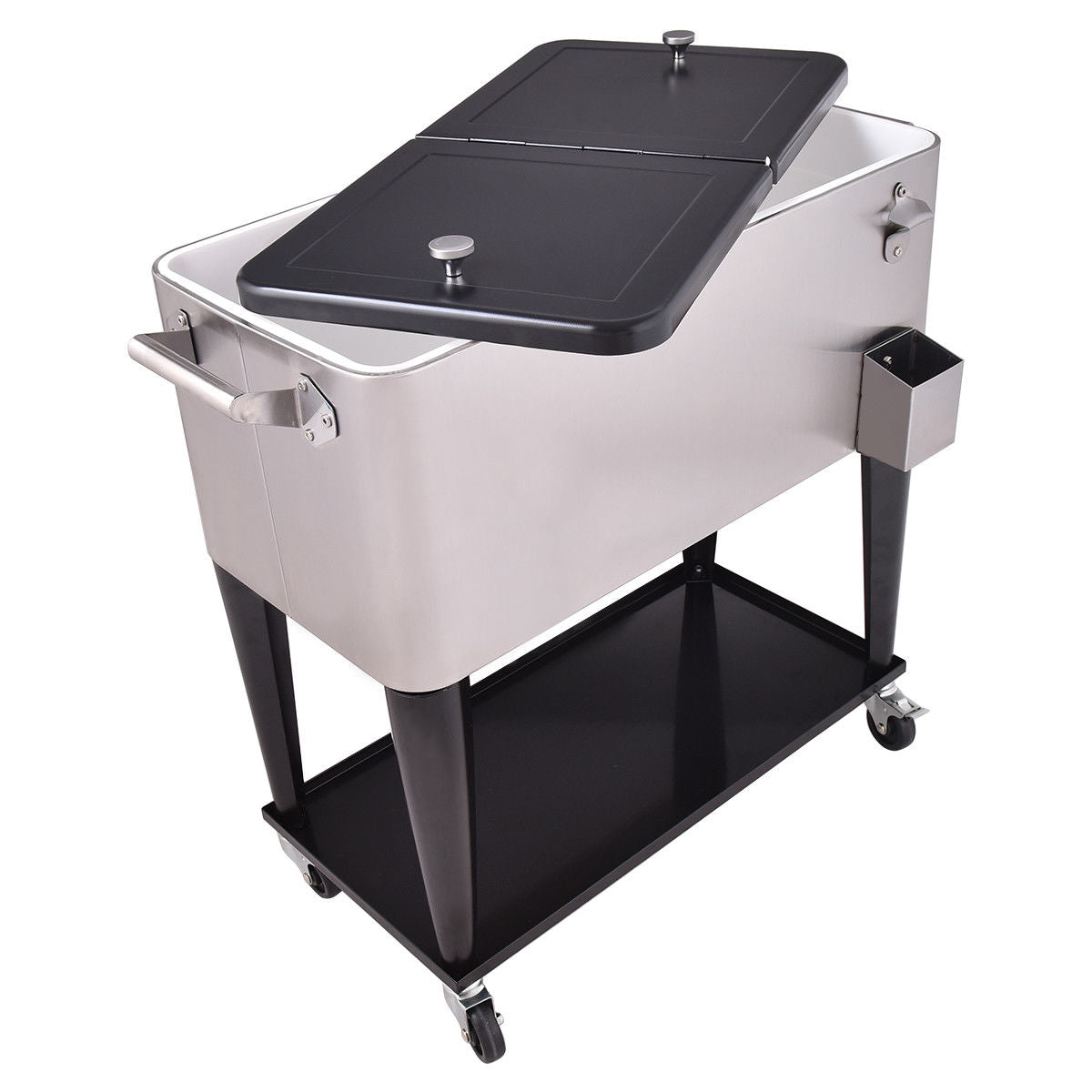 80 Quart Patio Rolling Stainless Steel Ice Beverage Cooler with lid open, solid side handles, and 3-inch casters for easy mobility.