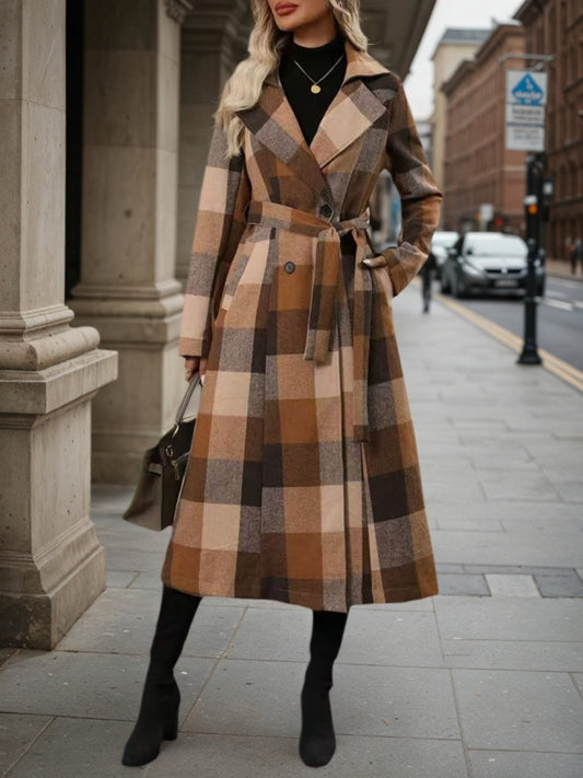 Women’s Lapel Woolen Double-Breasted Coat – Lace-Up Long Windbreaker