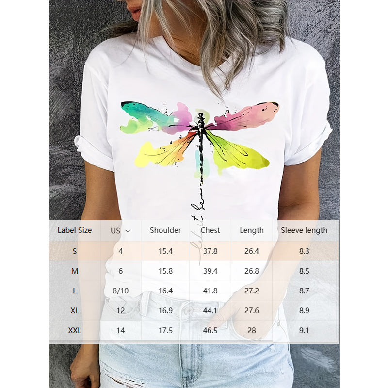 Short Sleeve T-Shirt Dragonfly Pattern Casual Round Neck Tee for women with vibrant dragonfly print and size chart (S-XXL).
