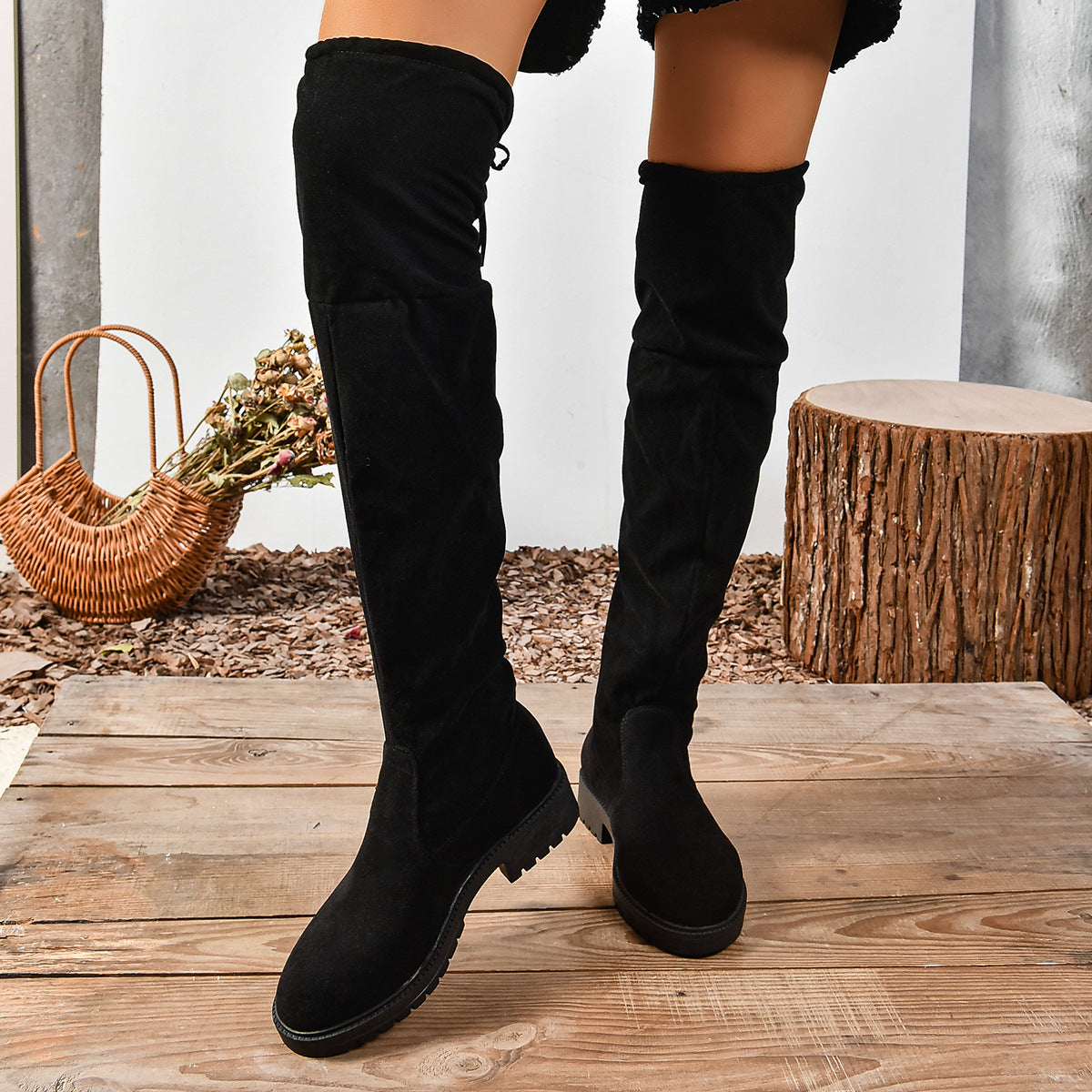 Women’s Elastic Knee-High Boots – Thick Sole Solid Color Fashion Boots on wooden floor