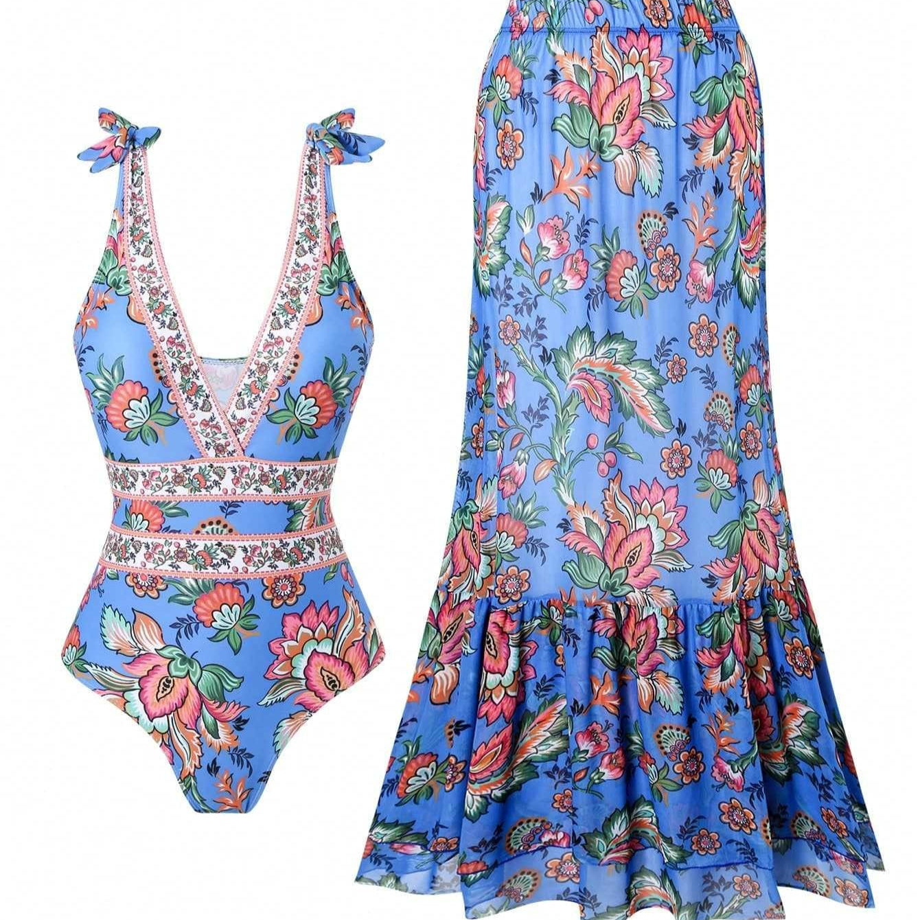 Ethnic Style One-piece Swimsuit For Women Beach Suit with colorful tribal print and matching floral skirt, perfect for beachwear fashion.