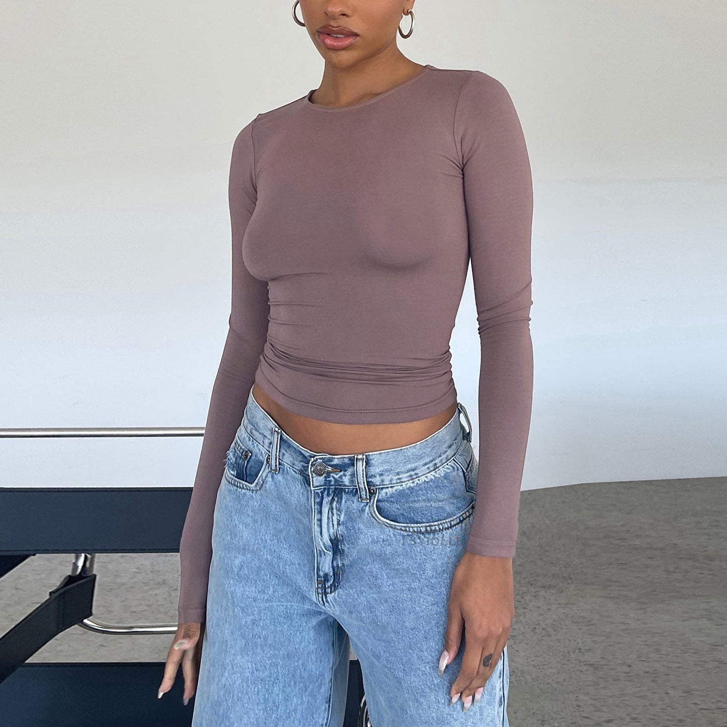 Slim Fit Long Sleeve Shirt | Women's Casual Crop Tops brown pullover on model, showcasing stylish design and slim fit.