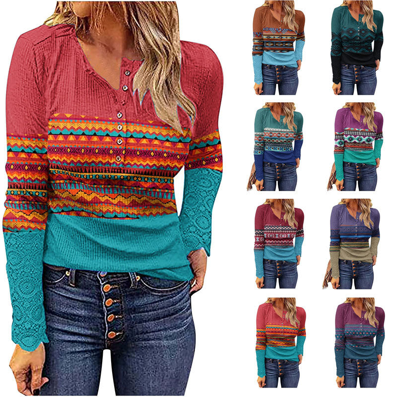 Desert Sunset Cowgirl Knit Top with geometric patterns in various colors, featuring a V-neck and button detail.
