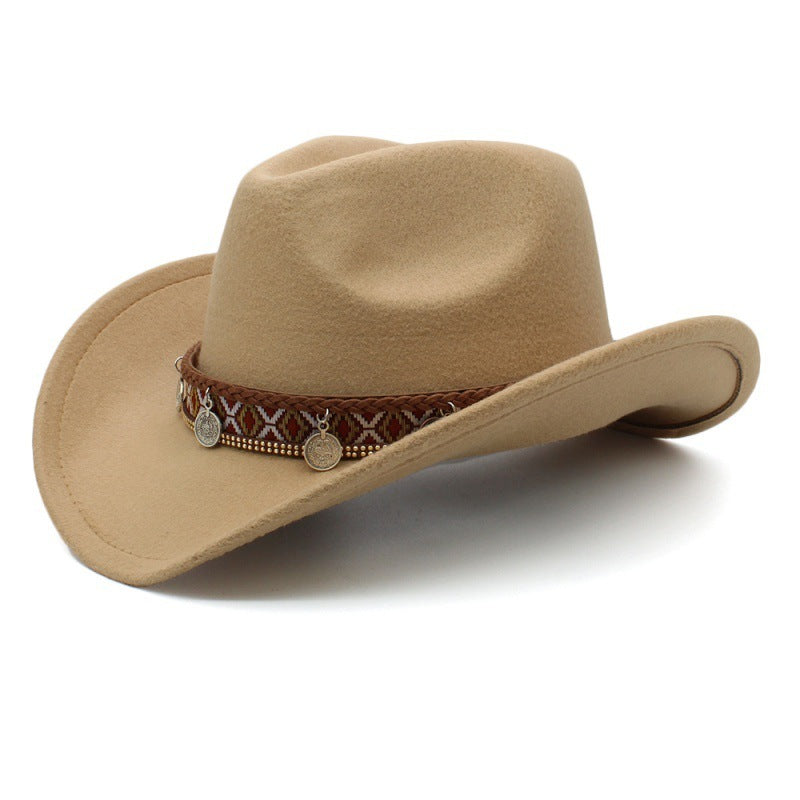 Western Charm Woolen Cowgirl Hat in beige with woven band and charms
