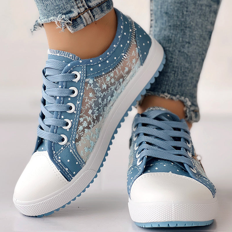 Floral Embroidered Polka Dot Print Sneakers — Women’s Casual Canvas Shoes