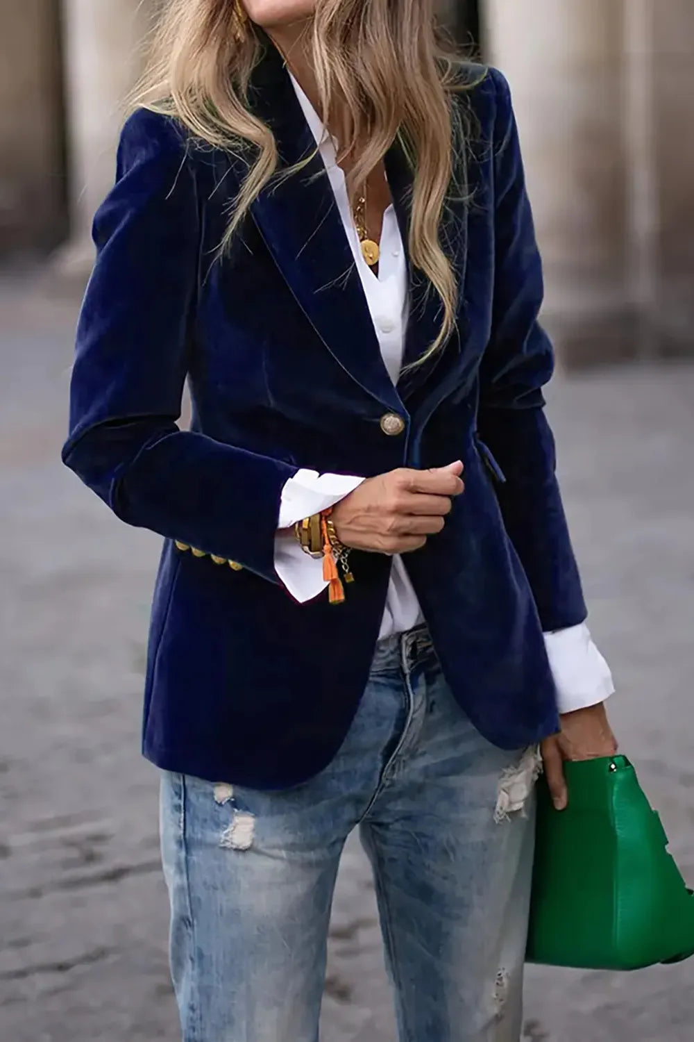 Woman wearing a One-Button Lapel Collar Long Sleeve Blazer for Women styled with jeans and green bag