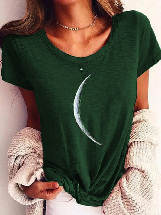 Wide Collar Printed T-Shirt – Casual Short Sleeve Top for Women with moon graphic in green.