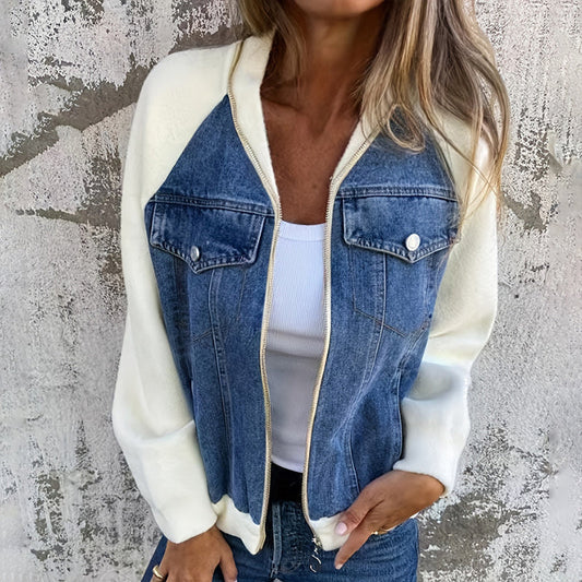Women's Denim Patchwork Zip-Up Jacket