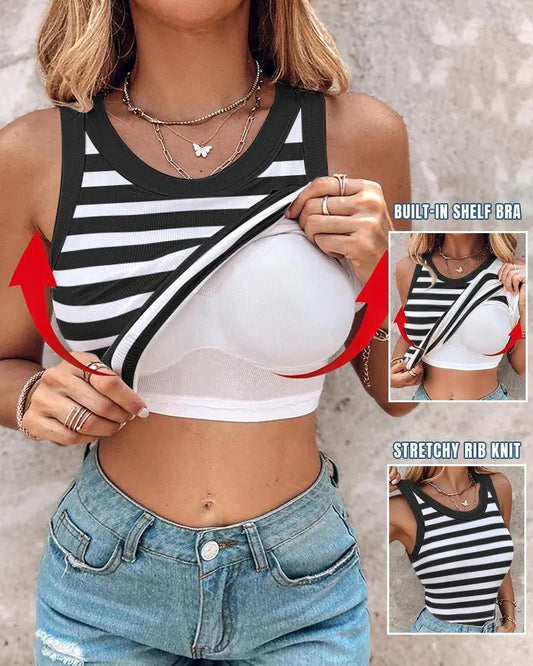 Women's Slim Striped Vest with Bralette – Chic Sleeveless Tank Top with built-in shelf bra and stretchy rib knit design.