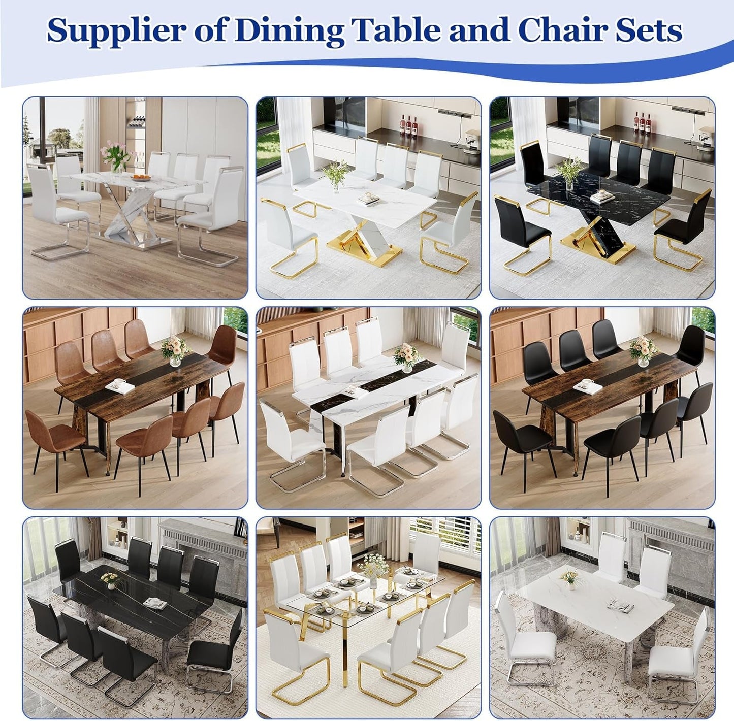 Variety of dining table and chair sets in different styles and colors.