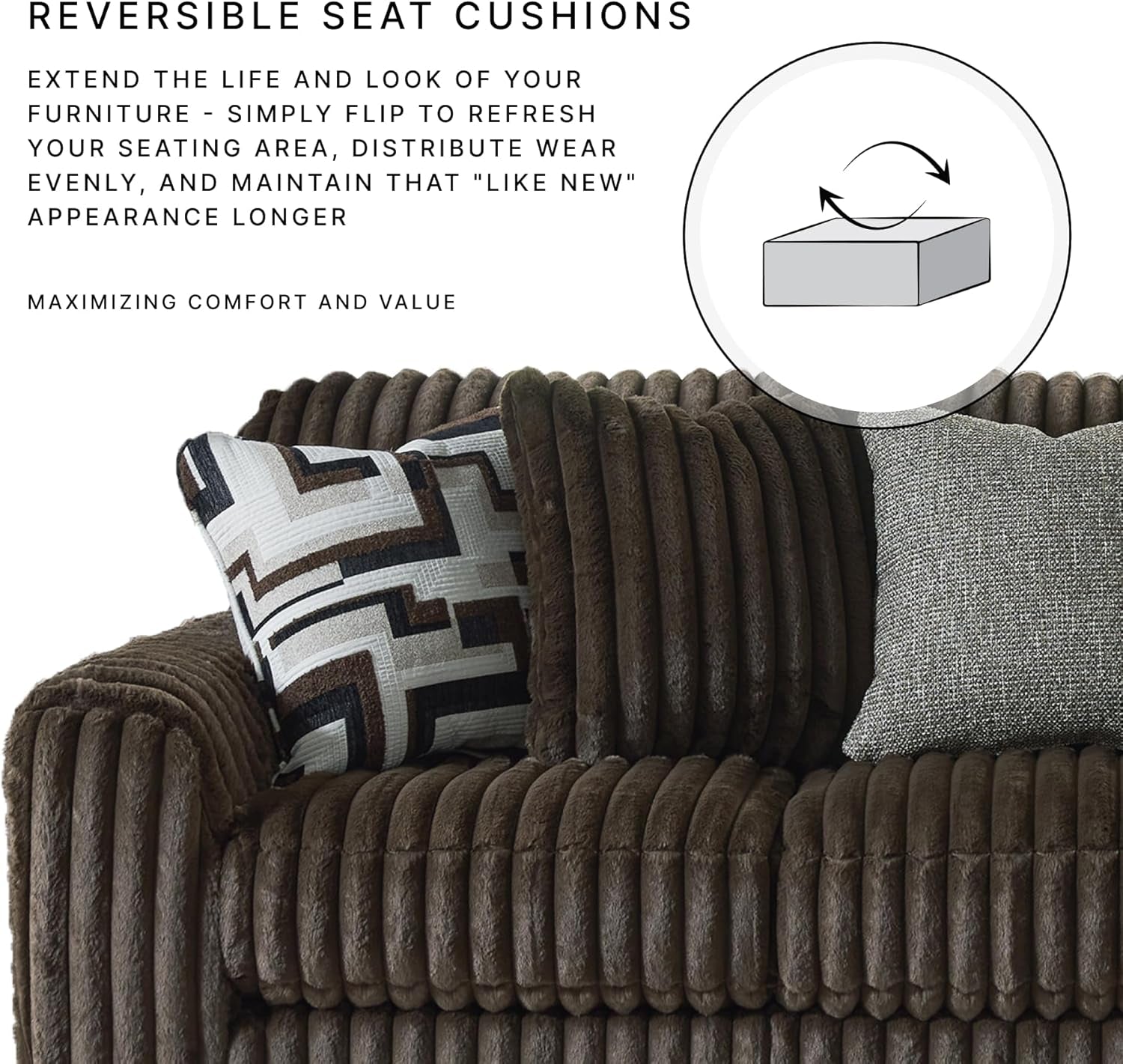 Close-up of a reversible seat cushion on a sofa with decorative pillows, highlighting comfort and style.