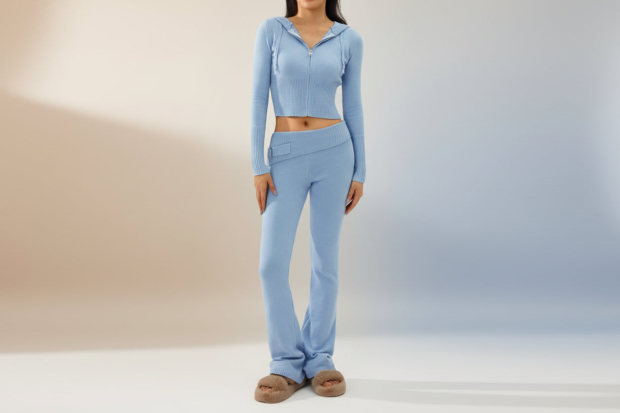 Women’s Knitted Hooded Two-Piece Set – Cardigan & High-Waisted Pants Suit in blue on a neutral background.
