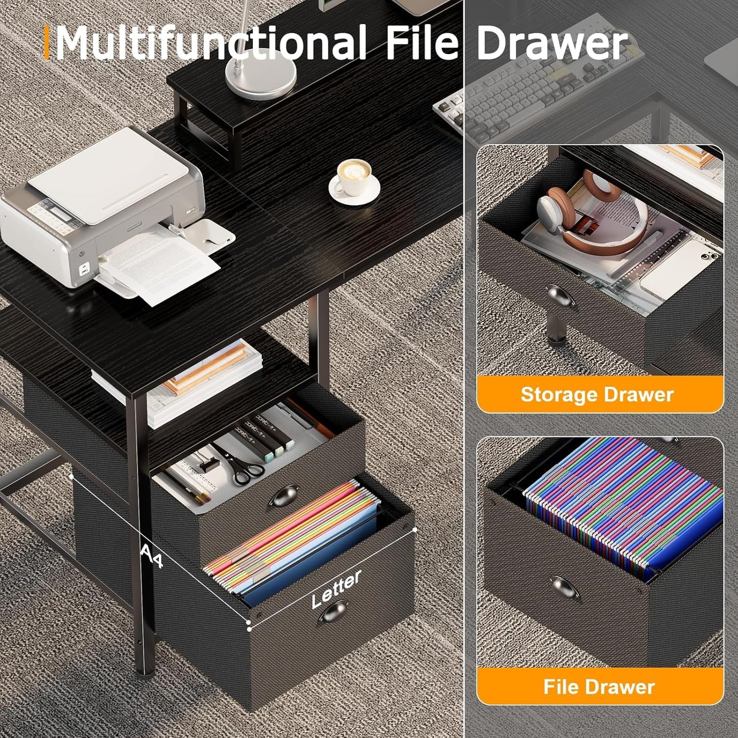 Fifty Nine Inch L Shaped Desk With Black Storage Drawers Unit featuring multifunctional file and storage drawers.