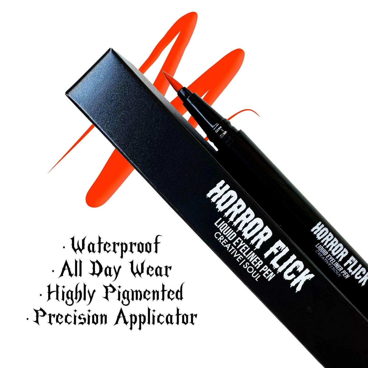 Ember Horror Flick Liquid Eyeliner Pen in pumpkin orange, waterproof and smudge-proof, precision applicator, long-lasting wear.