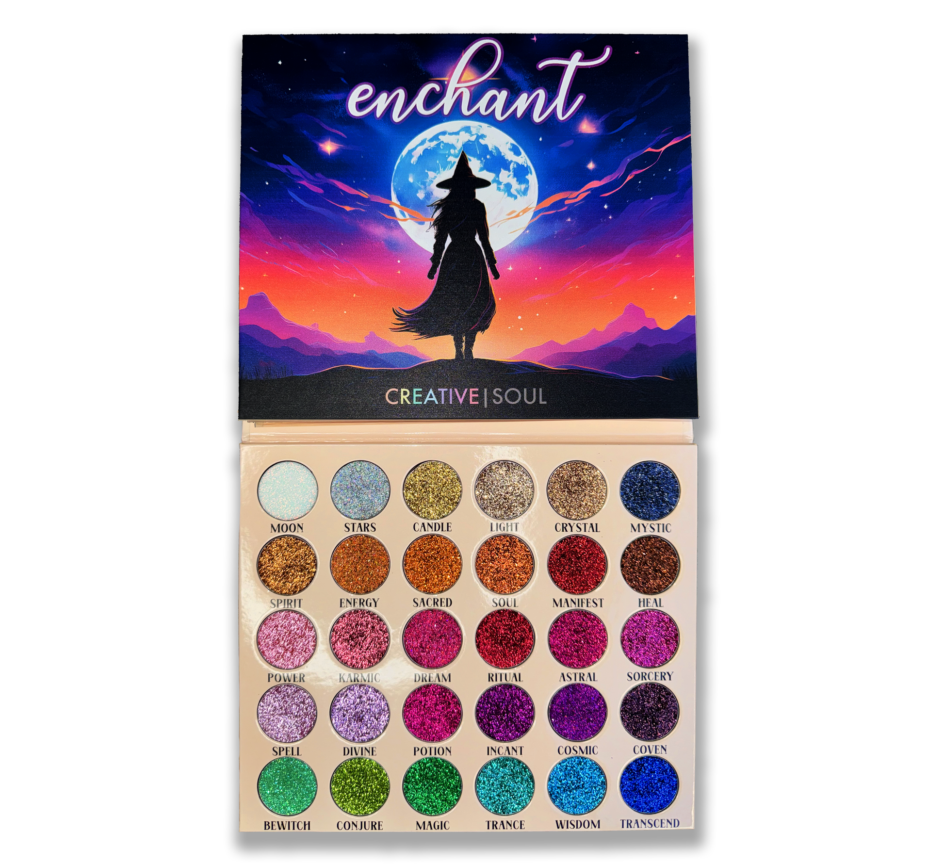 Enchant Pressed Glitter Eyeshadow Palette with 30 colorful shades, featuring iridescent, gold, purple, and blue glitter.