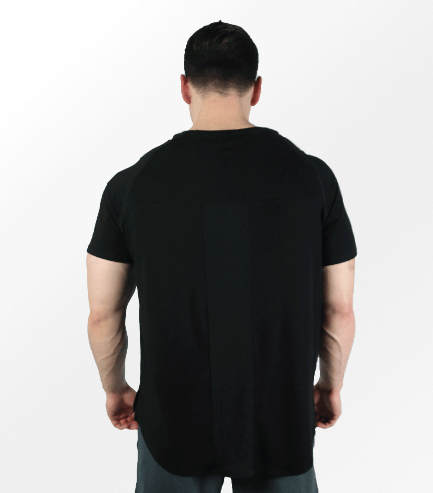Back view of Eucalyptus Mesh Tee Black American made sustainable activewear
