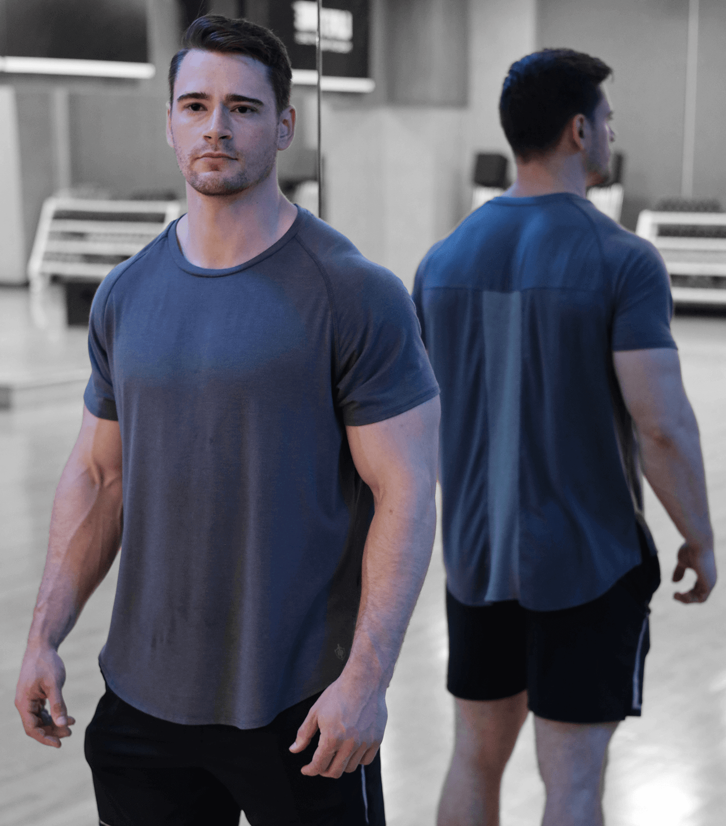 Two models wearing Eucalyptus Mesh Tee Stone sustainable performance activewear