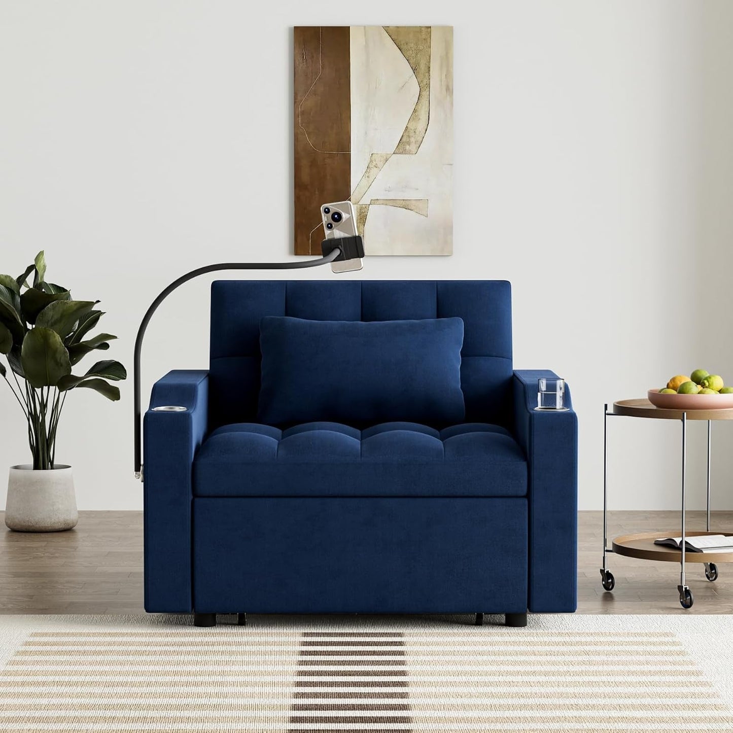 Elegant Blue Velvet SpaceSaving Convertible Sofa Chair USB in a modern living room setting