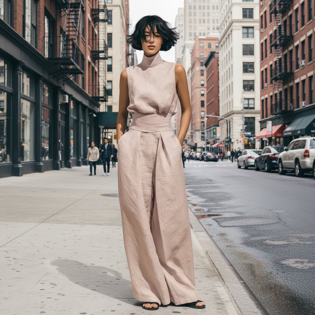 Woman wearing Women’s Cotton Linen Two-Piece Set – Sleeveless Top & Wide-Leg Pants in city street