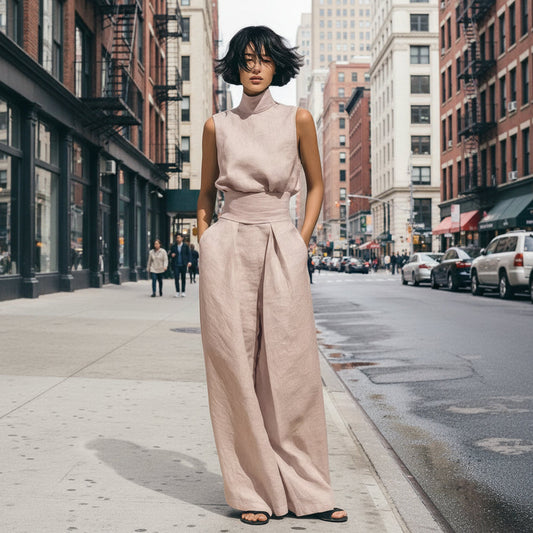 Woman wearing Women’s Cotton Linen Two-Piece Set – Sleeveless Top & Wide-Leg Pants in city street