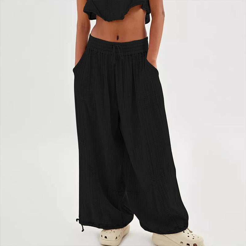 Women’s Solid Color Wide Leg Pants – Elastic Drawstring Waist and Side Pockets