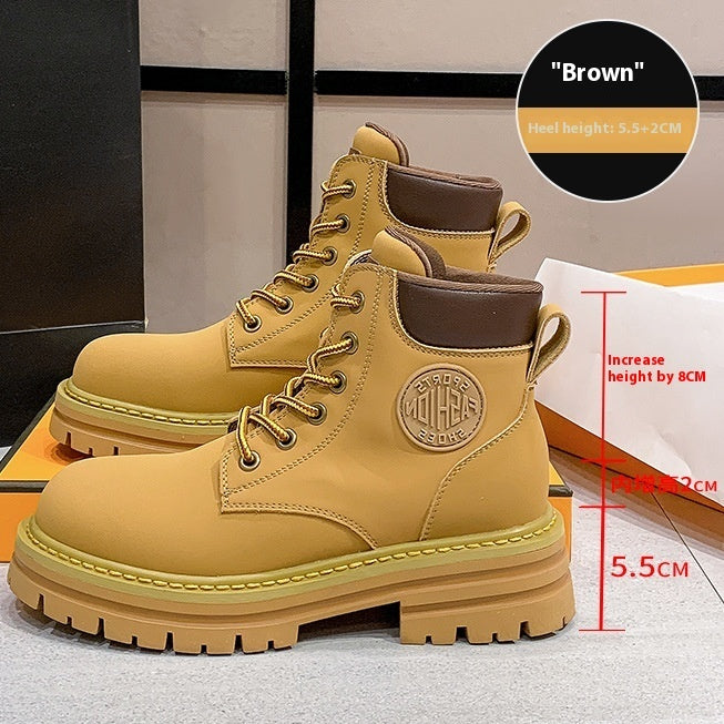 Women’s Genuine Leather Martin Boots with thick bottom elevator sole, brown color, elevated design with an 8cm height increase.