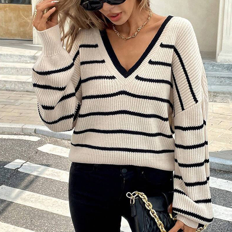 Women’s Striped V-Neck Sweater with Back Bow