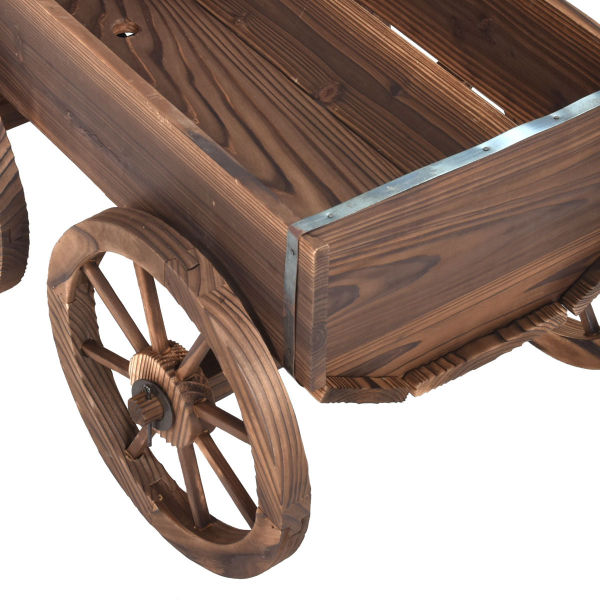 Wood Wagon Planter Pot Stand with Wheels crafted from solid Fir wood, featuring a rustic antique design and easy mobility with four wheels.