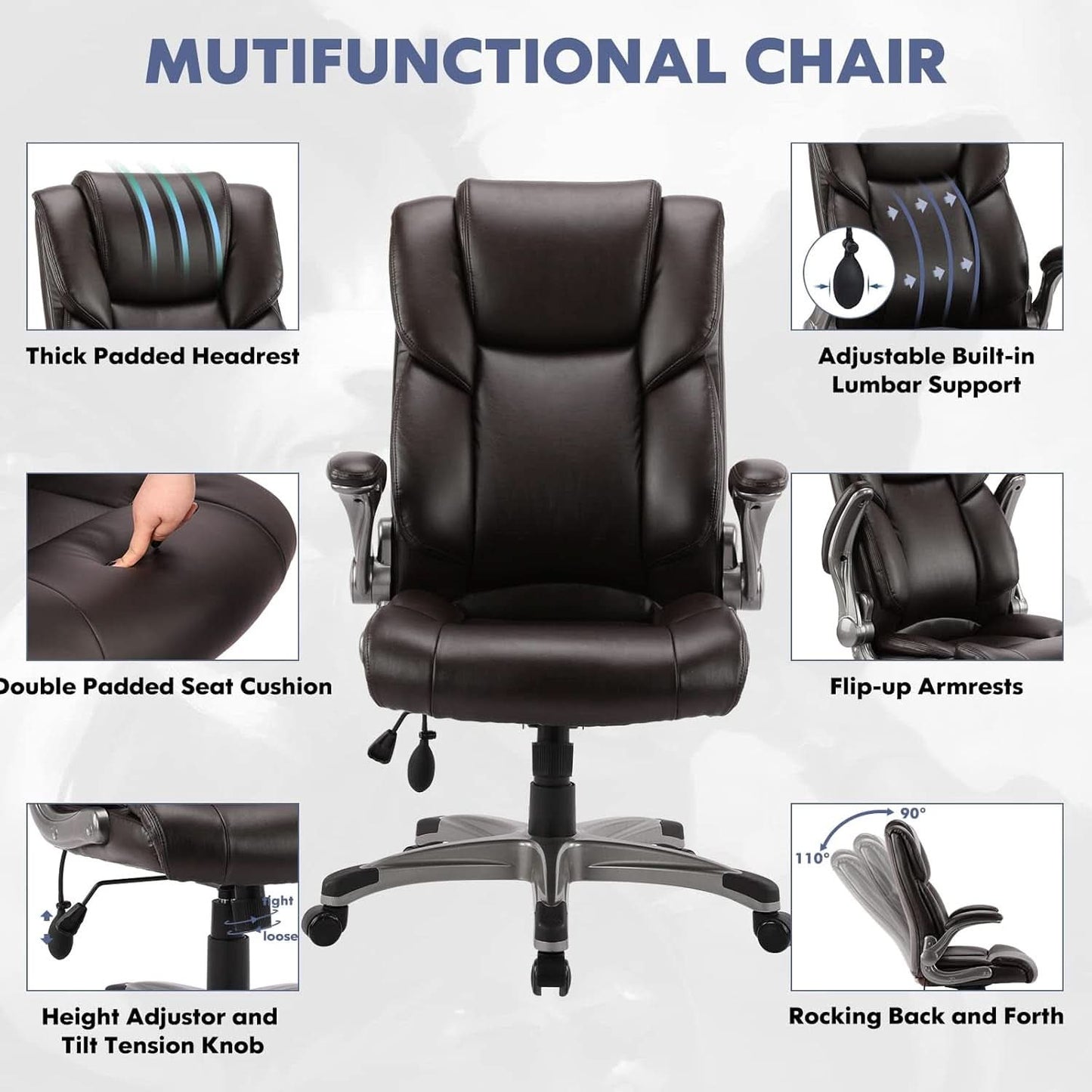 Two Brown Leather Executive Office Chairs Set With Adjustable Rolling