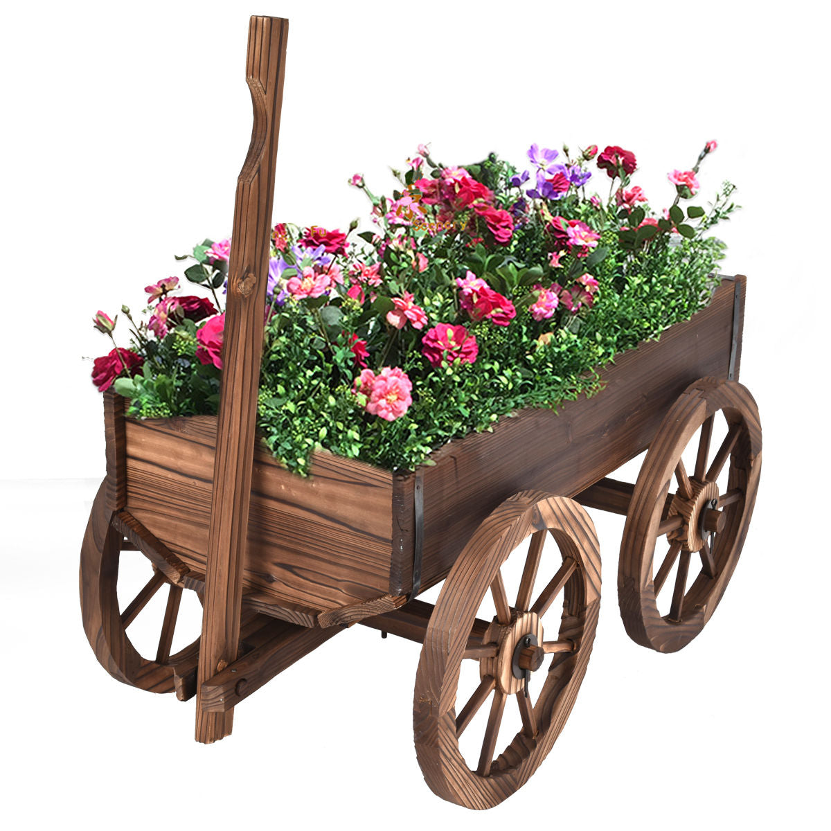 Wood Wagon Planter Pot Stand with Wheels featuring rustic design and filled with colorful flowers, made of sturdy solid Fir wood.