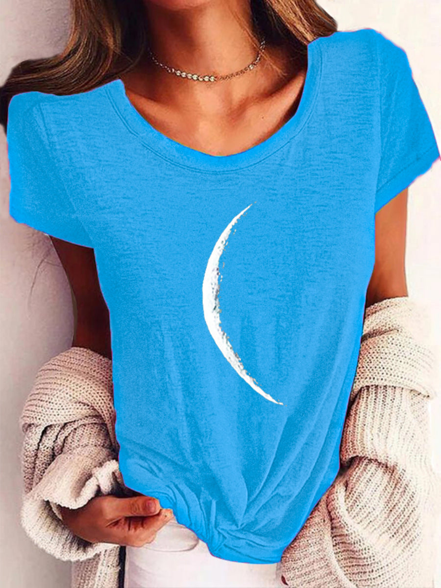 Blue Wide Collar Printed T-Shirt – Casual Short Sleeve Top for Women with moon print