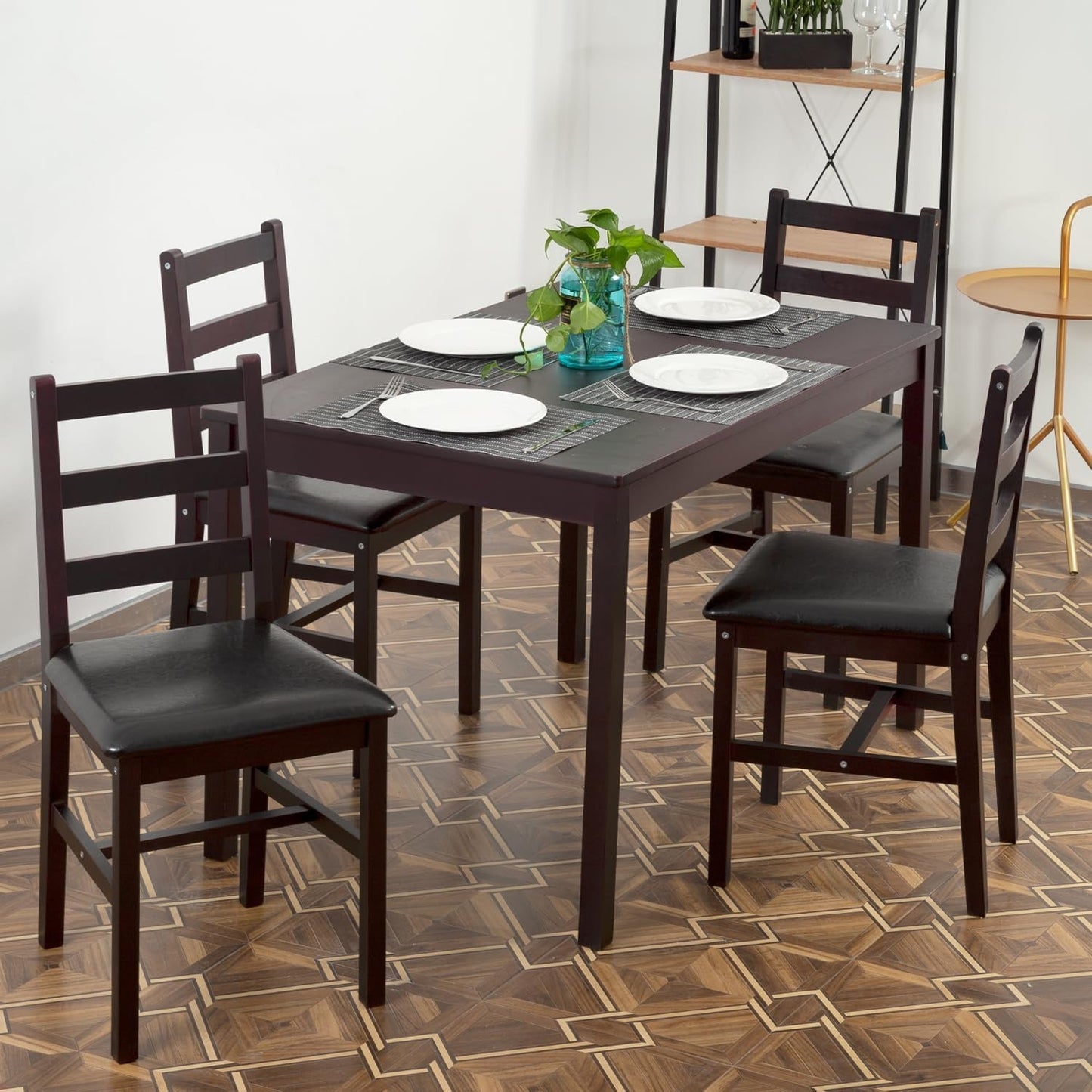 Brown Premium Luxurious Solid Wood Dining Table For Four set up in a modern dining area with a natural wood floor.