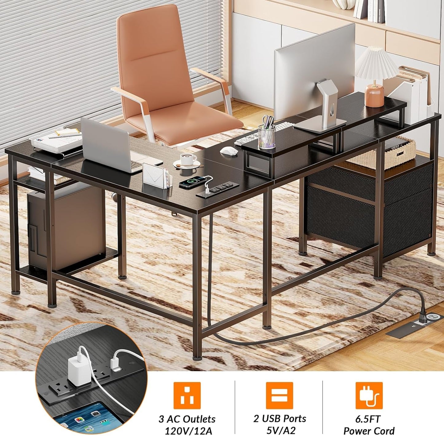 Fifty Nine Inch L Shaped Desk With Black Storage Drawers Unit featuring outlets and USB ports