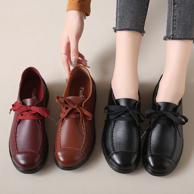 Women’s Black Flat Work Shoes – Soft Sole Anti-Slip Flats with cushioned sole and anti-slip outsole, displayed alongside brown and red variations.