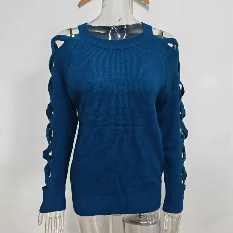 Women's Casual Long Sleeve Hollow Out Sweater in blue with openwork design on a mannequin.