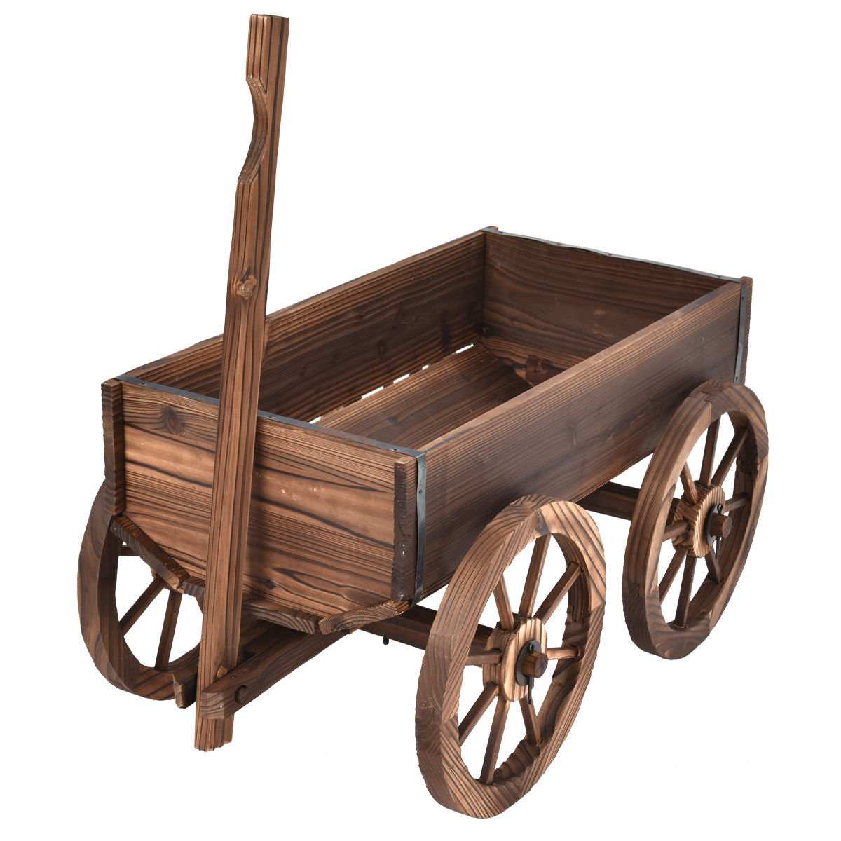Wood Wagon Planter Pot Stand with Wheels made of durable fir wood featuring a rustic antique look ideal for outdoor garden decoration