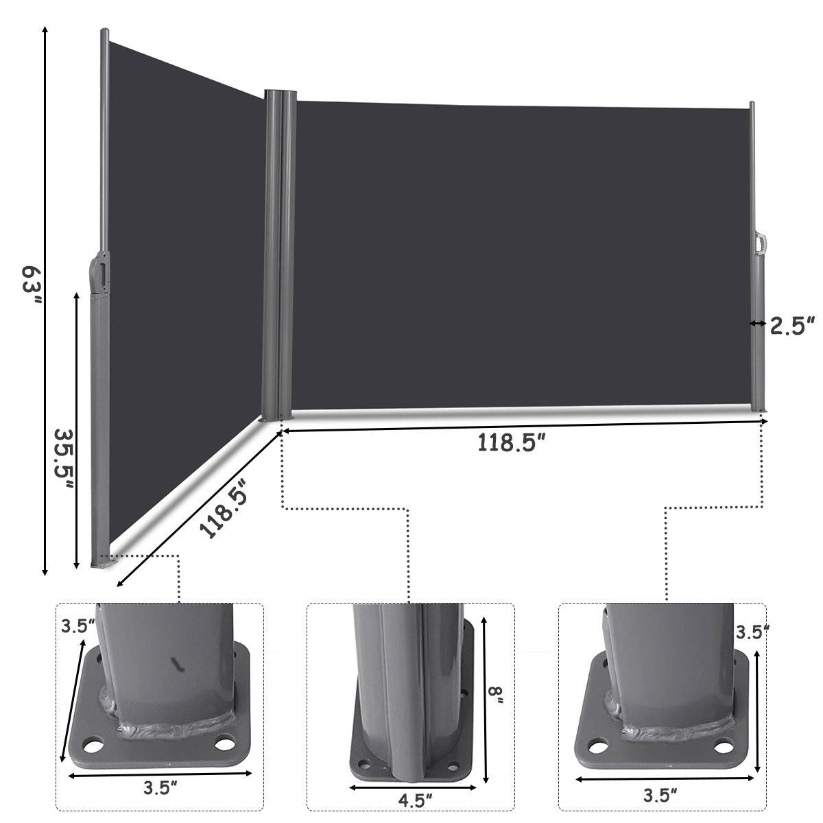 Diagram of 237 x 63 Inch Patio Retractable Double Folding Side Awning Screen Divider with measurements in inches.