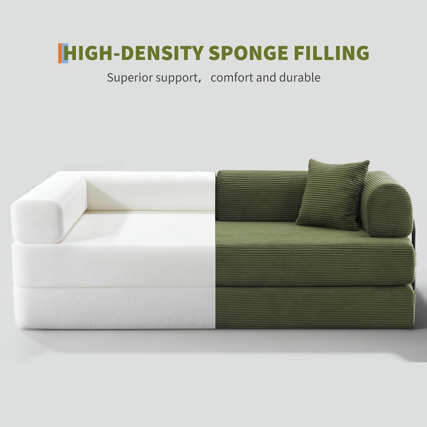 Corduroy Green 79 Inches Inter changeable Plus Sofa Bed with high-density sponge filling for superior comfort and support.