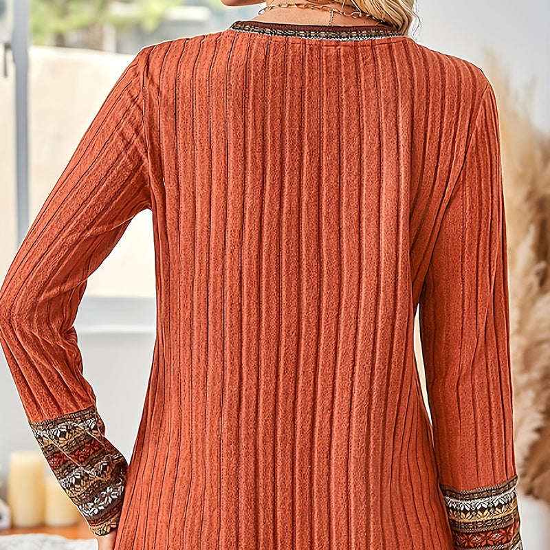 Women's Elegant Geometric Pattern Pullover - Lightweight Long Sleeve Button Blouse