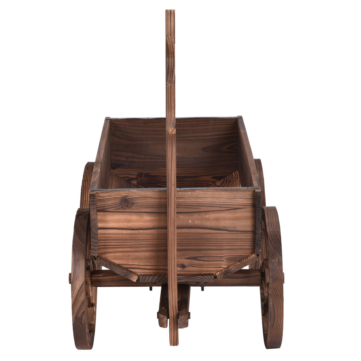 Wood Wagon Planter Pot Stand with Wheels, rustic design, solid Fir wood, antique look, ideal for outdoor flower and plant display.