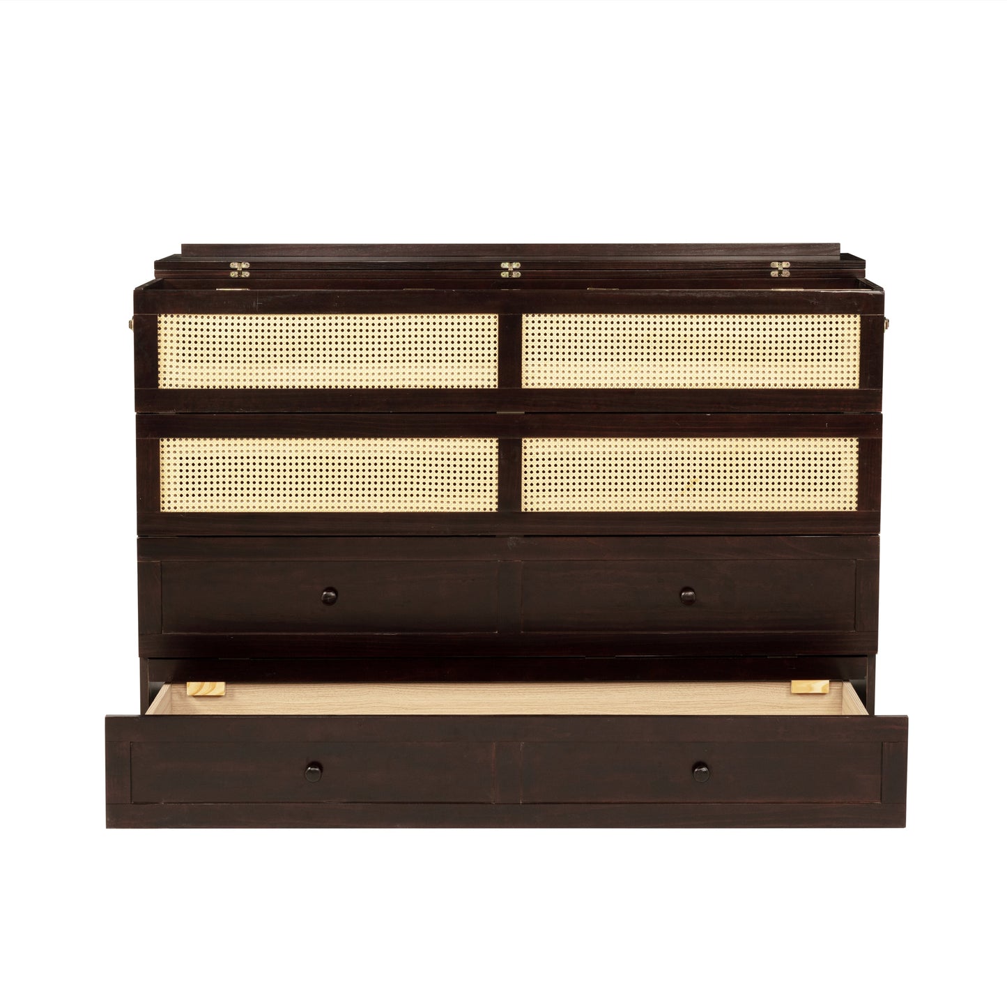 Queen Size Murphy Bed, Pine Wood Cabinet Bed with Rattan Decoration and Storage Drawer,Espresso