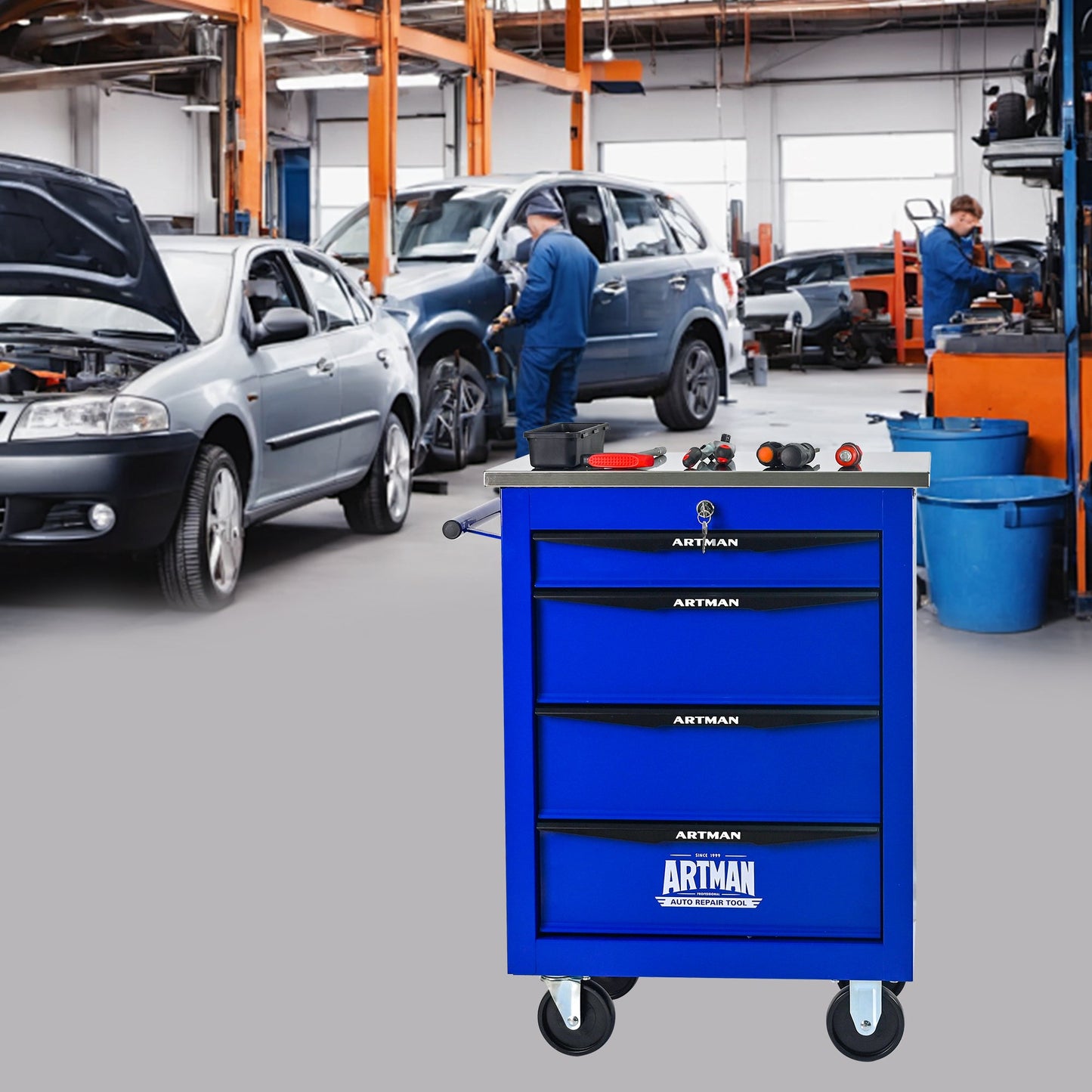 4 Drawers Multifunctional Tool Cart with Wheels,Metal Rolling Tool Cart Storage for Garage Workshop Warehouse Repair Shop--With  Stainless Steel Roof- BLACK&BLUE