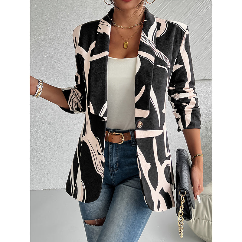 Women's Abstract Print Blazer Button Long Sleeve Work Jacket