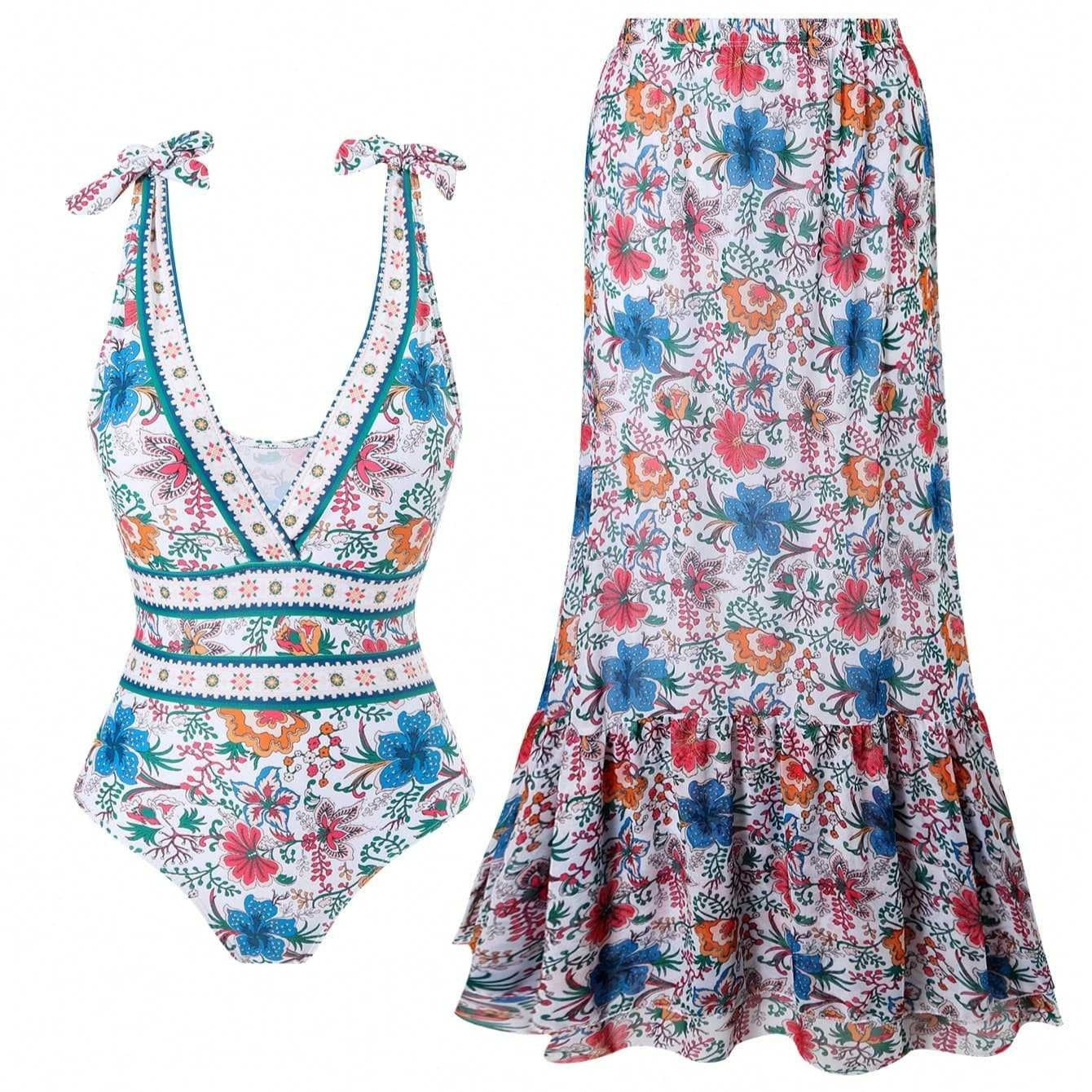 Ethnic Style One-piece Swimsuit For Women Beach Suit with vibrant tribal prints and a matching floral skirt for beachwear.